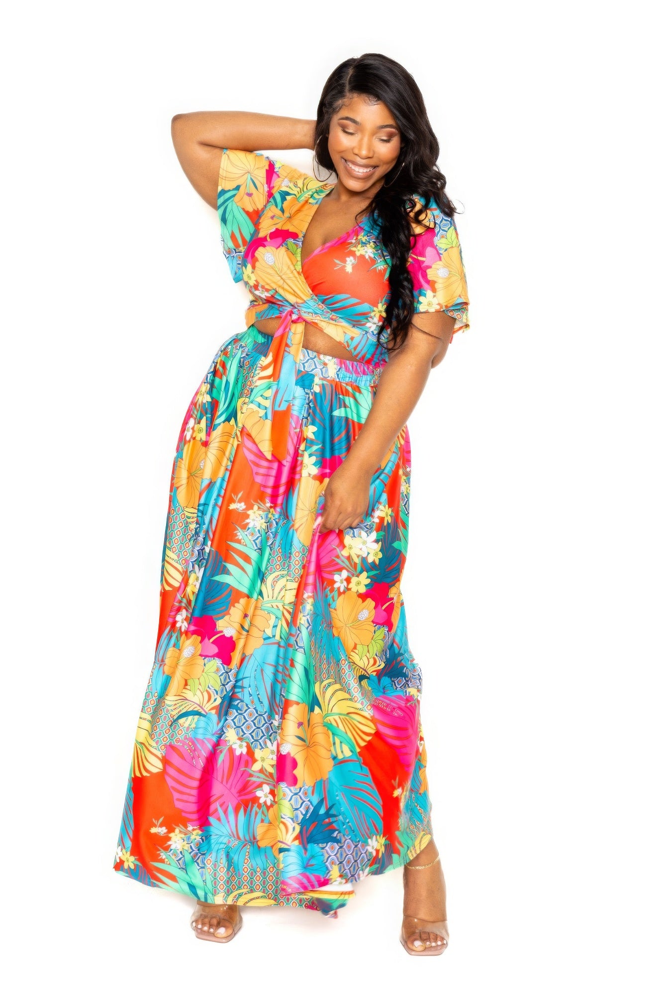 Plus Tropical floral maxi skirt & top set