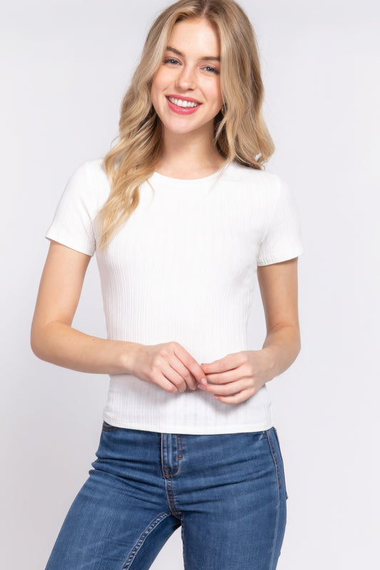 Short Slv Crew Neck Variegated Rib Knit Top