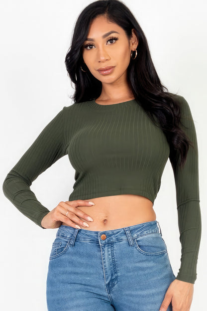 Long Sleeve Round Neck Basic Crop Top