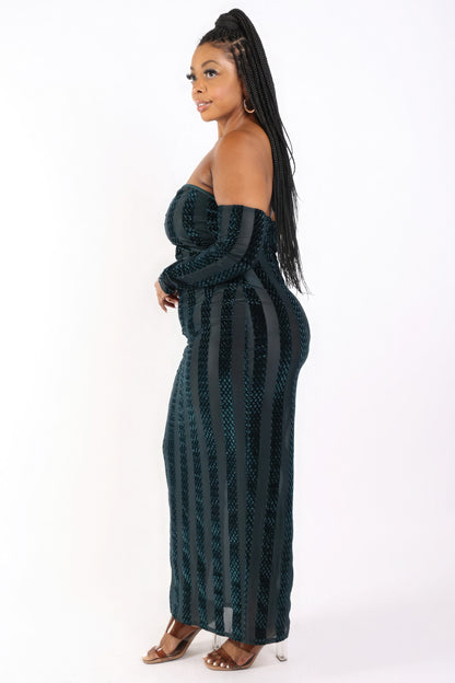 Plus Striped Velvet Off Shoulder Dress