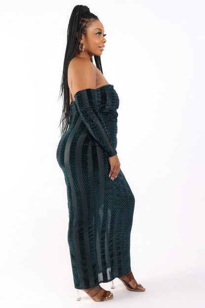 Plus Striped Velvet Off Shoulder Dress