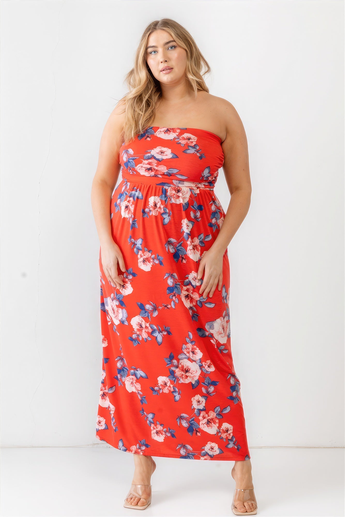 Plus Red Rose Print Ruched Strapless Midi Dress