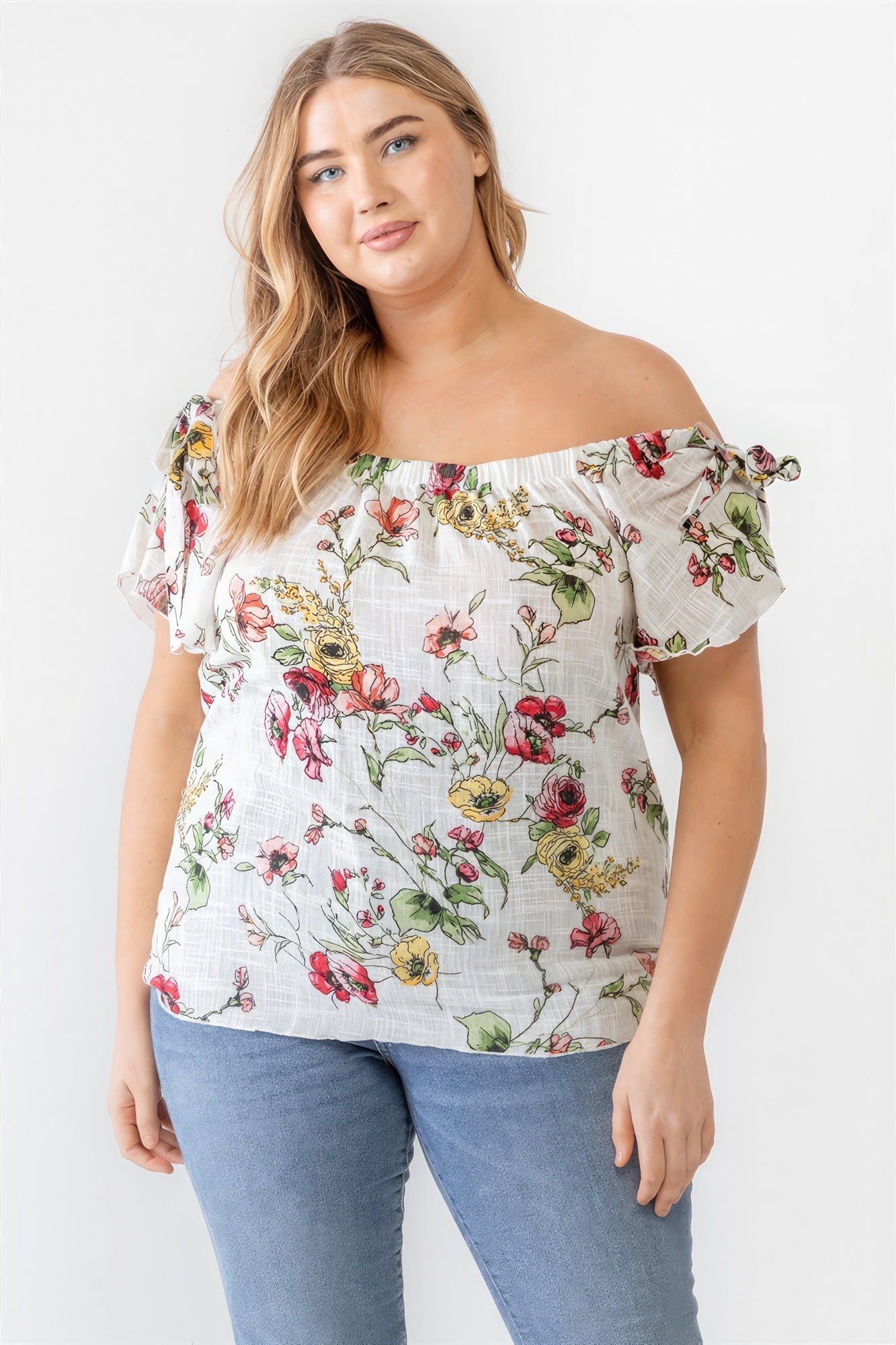 Plus Ivory Floral Print Woven Linen Blend Off-the-shoulder Relax Top