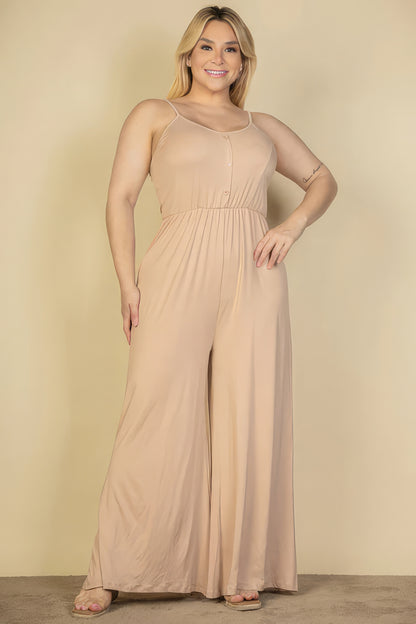 Plus Size Button Front Wide Leg Jumpsuit