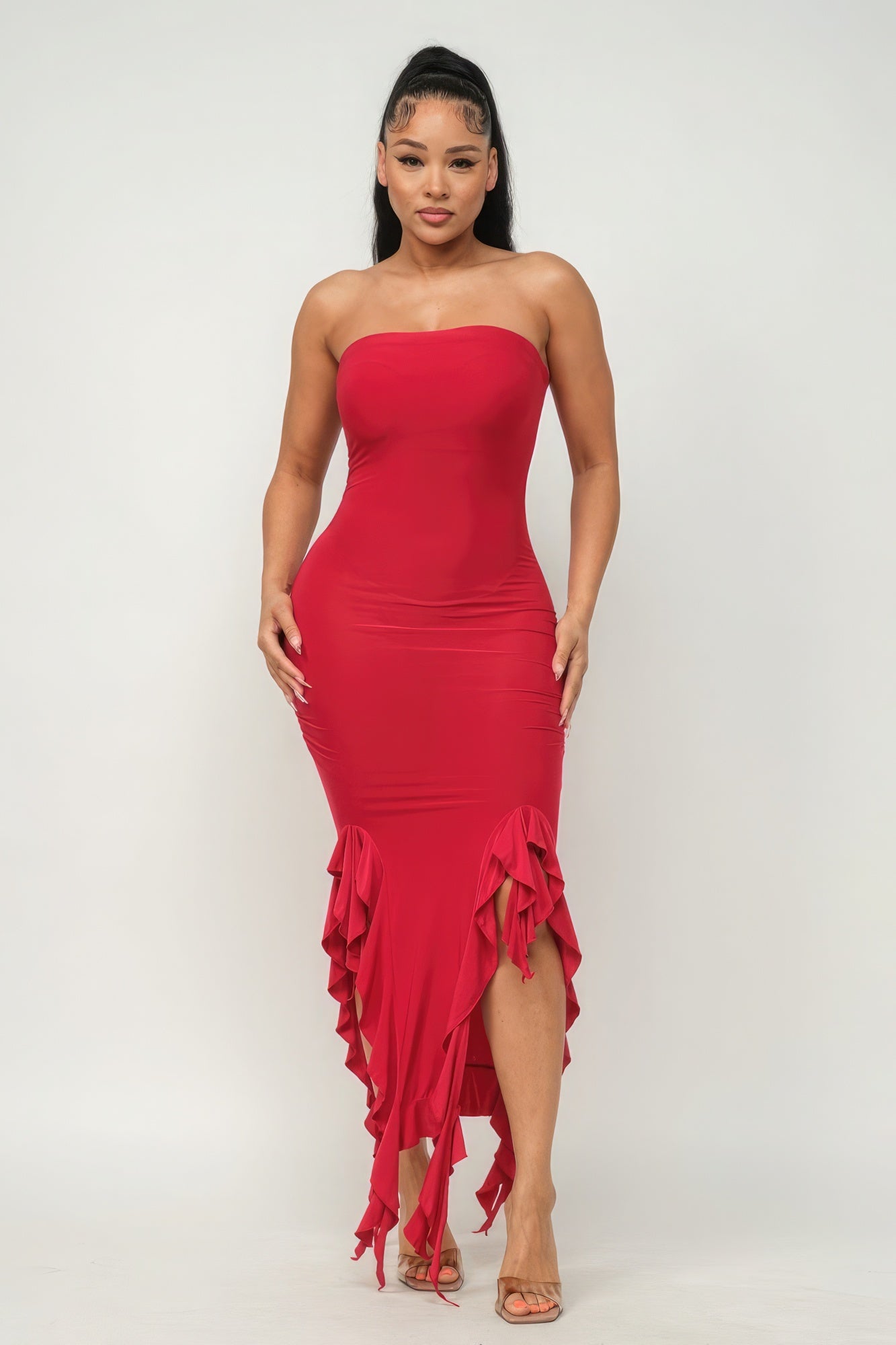 Solid Bottom Ruffle Trim Hem Slit Tube Maxi Dress | 4 Color Options!