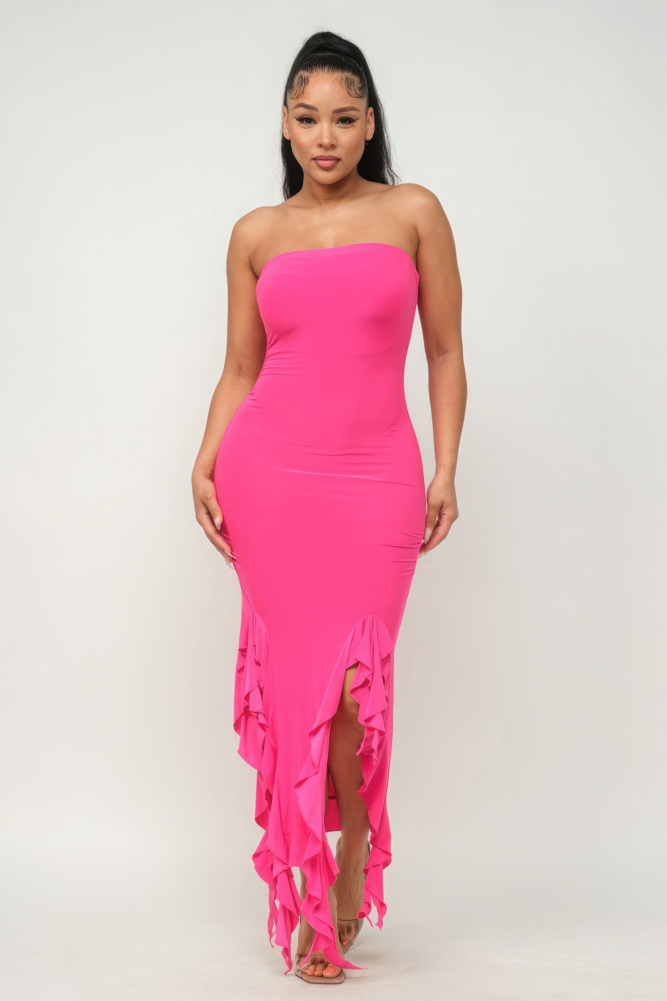 Solid Bottom Ruffle Trim Hem Slit Tube Maxi Dress | 4 Color Options!