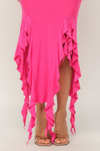 Solid Bottom Ruffle Trim Hem Slit Tube Maxi Dress | 4 Color Options!