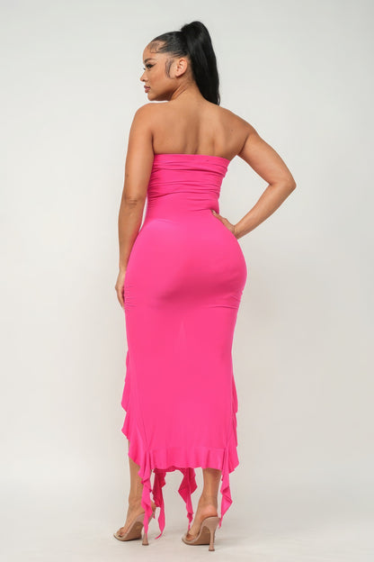 Solid Bottom Ruffle Trim Hem Slit Tube Maxi Dress | 4 Color Options!