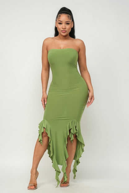 Solid Bottom Ruffle Trim Hem Slit Tube Maxi Dress | 4 Color Options!