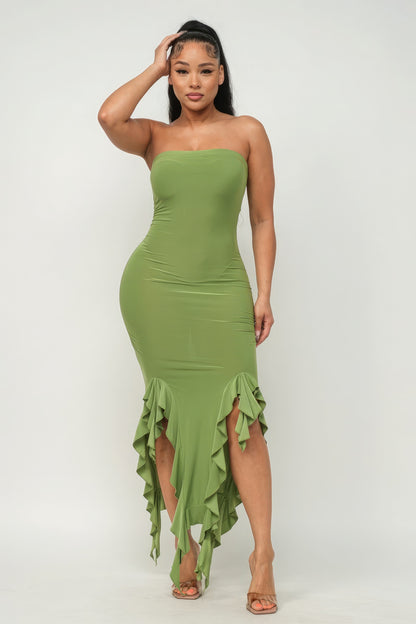 Solid Bottom Ruffle Trim Hem Slit Tube Maxi Dress | 4 Color Options!