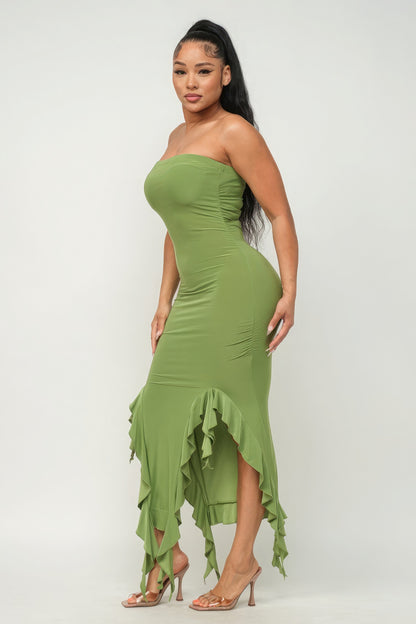 Solid Bottom Ruffle Trim Hem Slit Tube Maxi Dress | 4 Color Options!