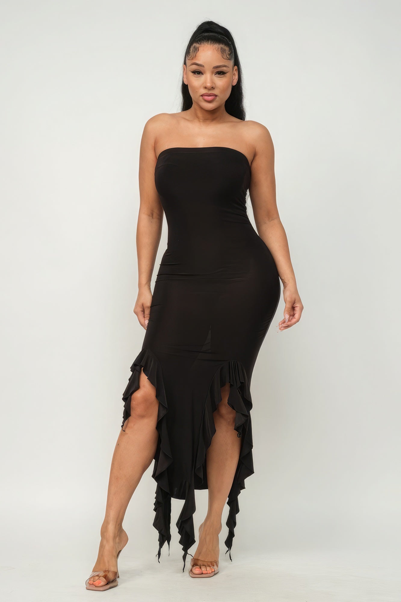 Solid Bottom Ruffle Trim Hem Slit Tube Maxi Dress | 4 Color Options!