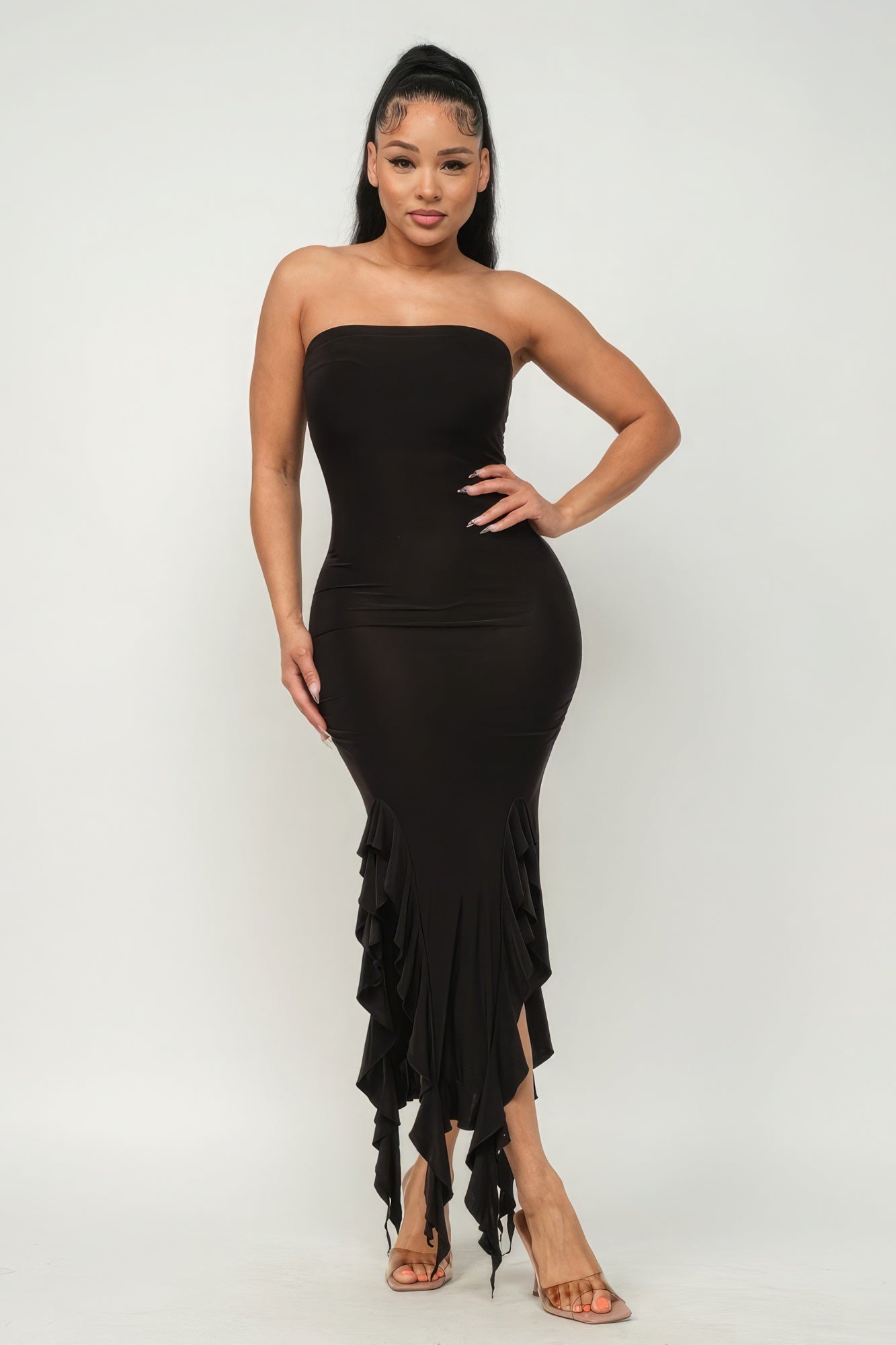 Solid Bottom Ruffle Trim Hem Slit Tube Maxi Dress | 4 Color Options!