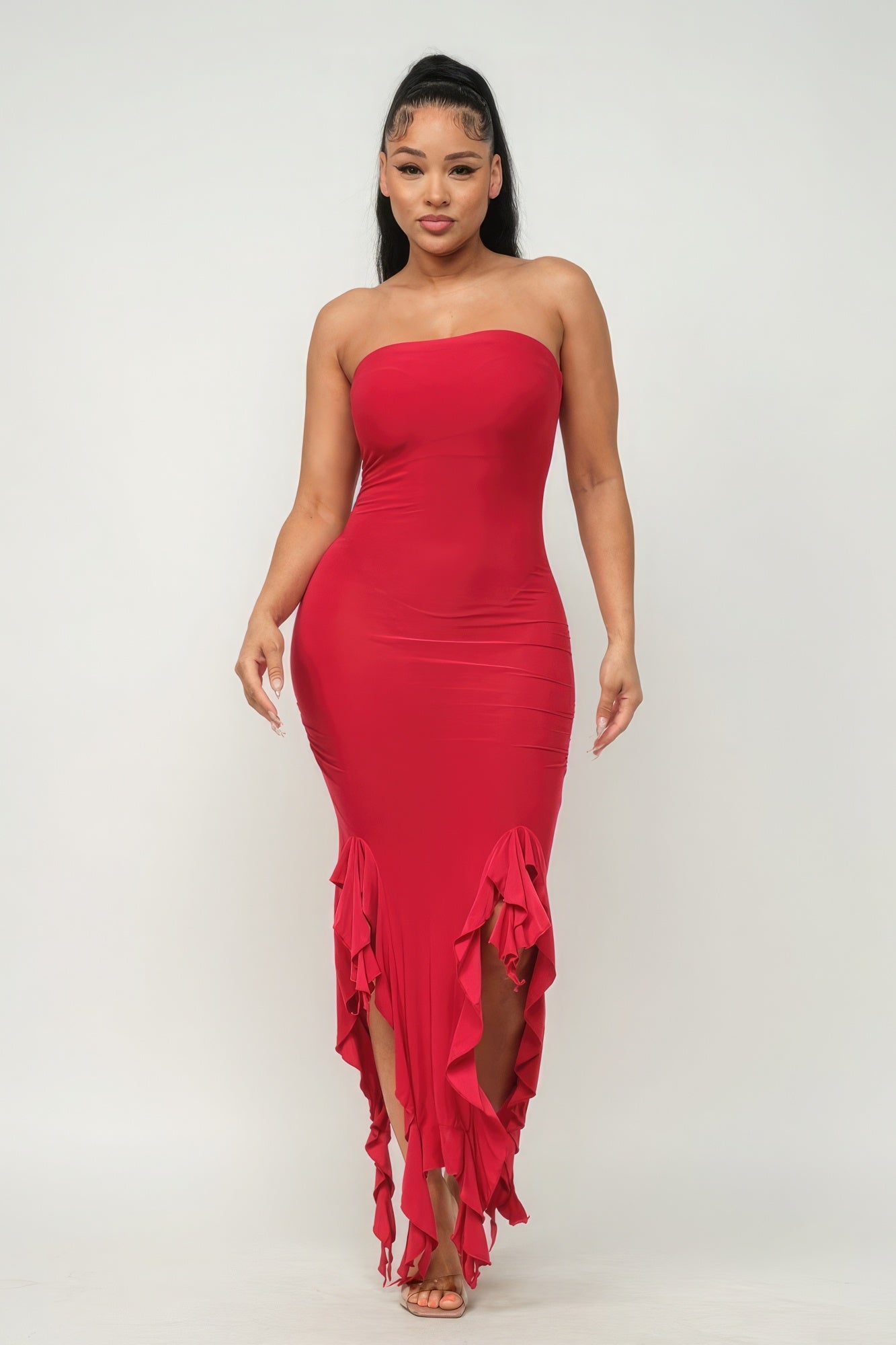 Solid Bottom Ruffle Trim Hem Slit Tube Maxi Dress | 4 Color Options!