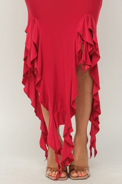 Solid Bottom Ruffle Trim Hem Slit Tube Maxi Dress | 4 Color Options!