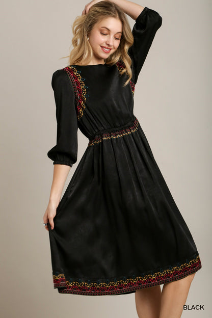 Satin Round Neck Embroidery Midi Dress