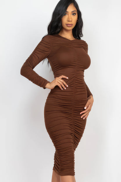 Ruched Long Sleeve Midi Dress