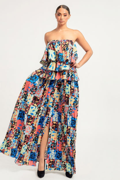 Printed Ruffle Top And Pleated Skirt Set