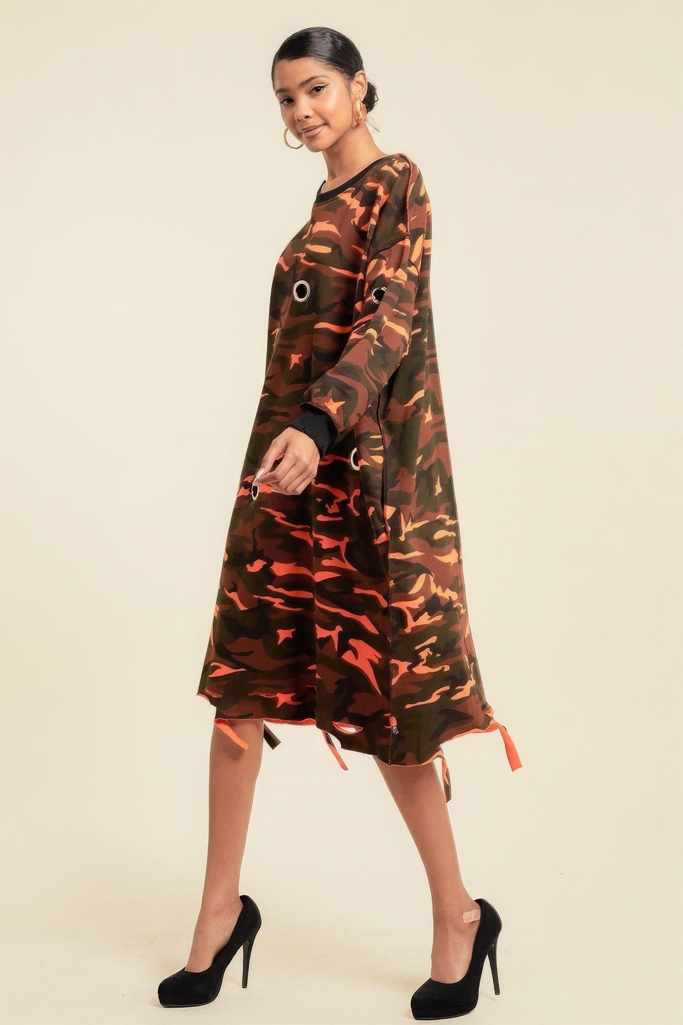 Camouflage Printed Midi Dress With Rings