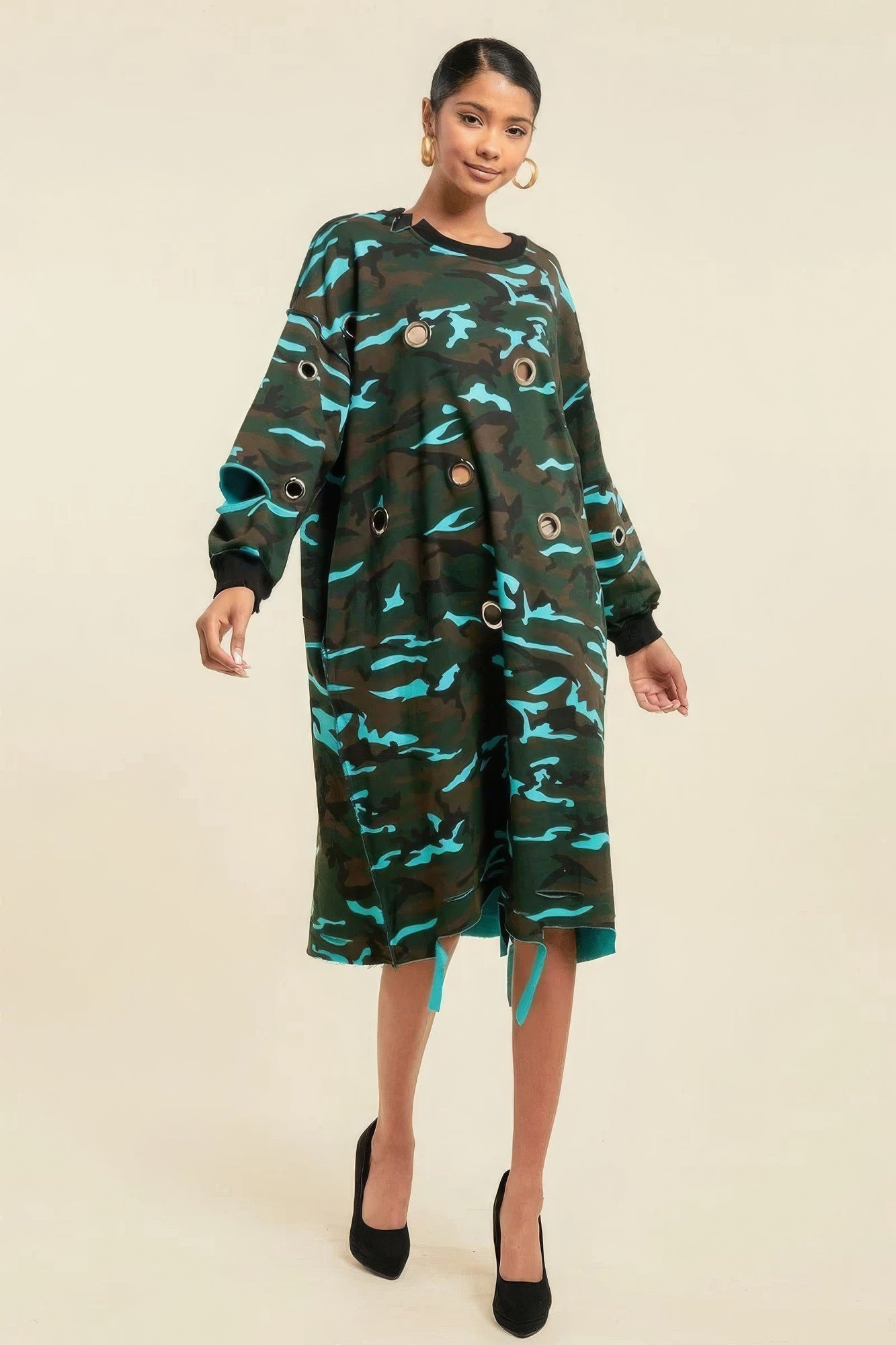 Camouflage Printed Midi Dress With Rings