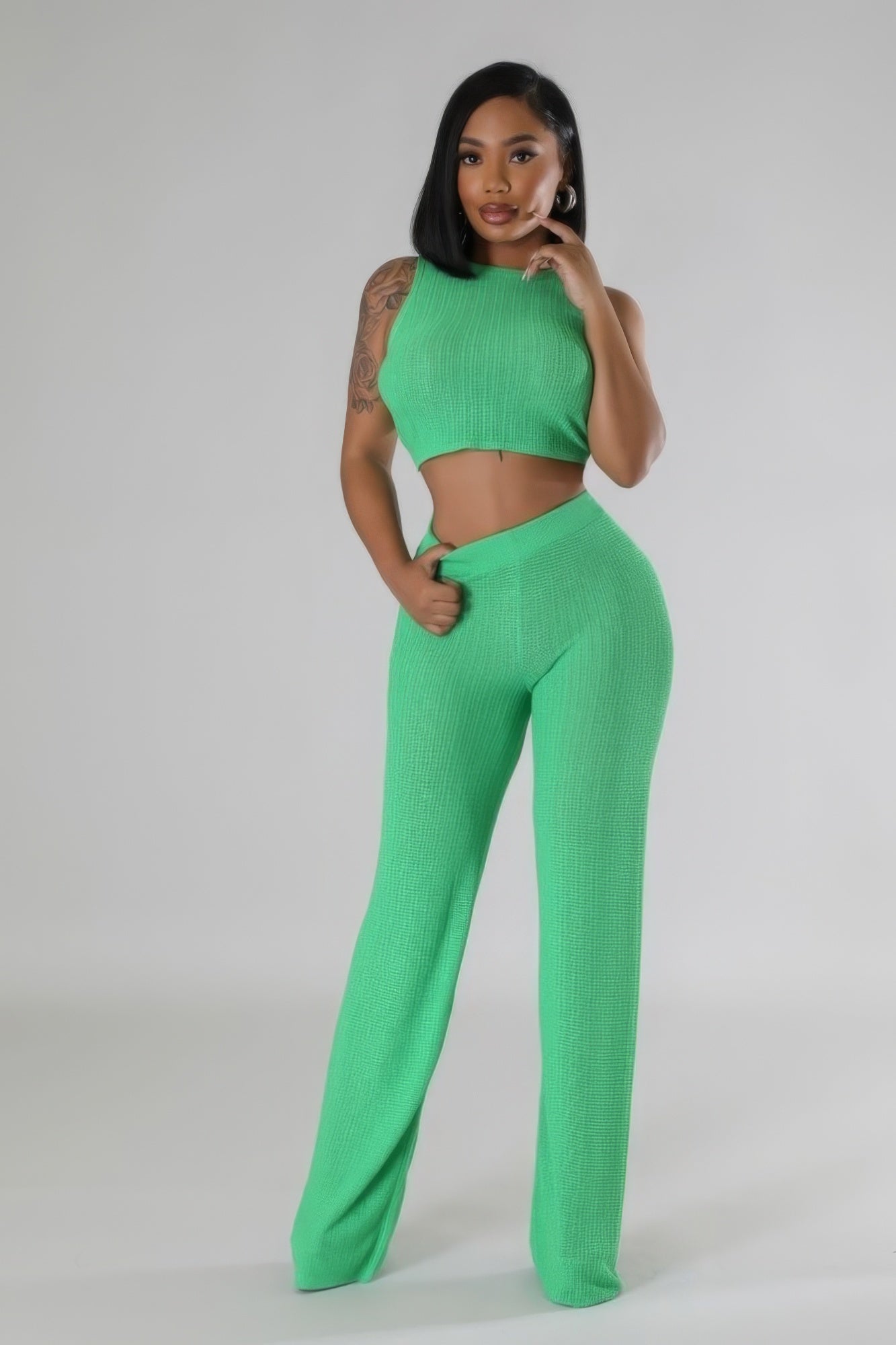 Sleeveless Lace Up Back Crop Top and Pants Two-Piece Set