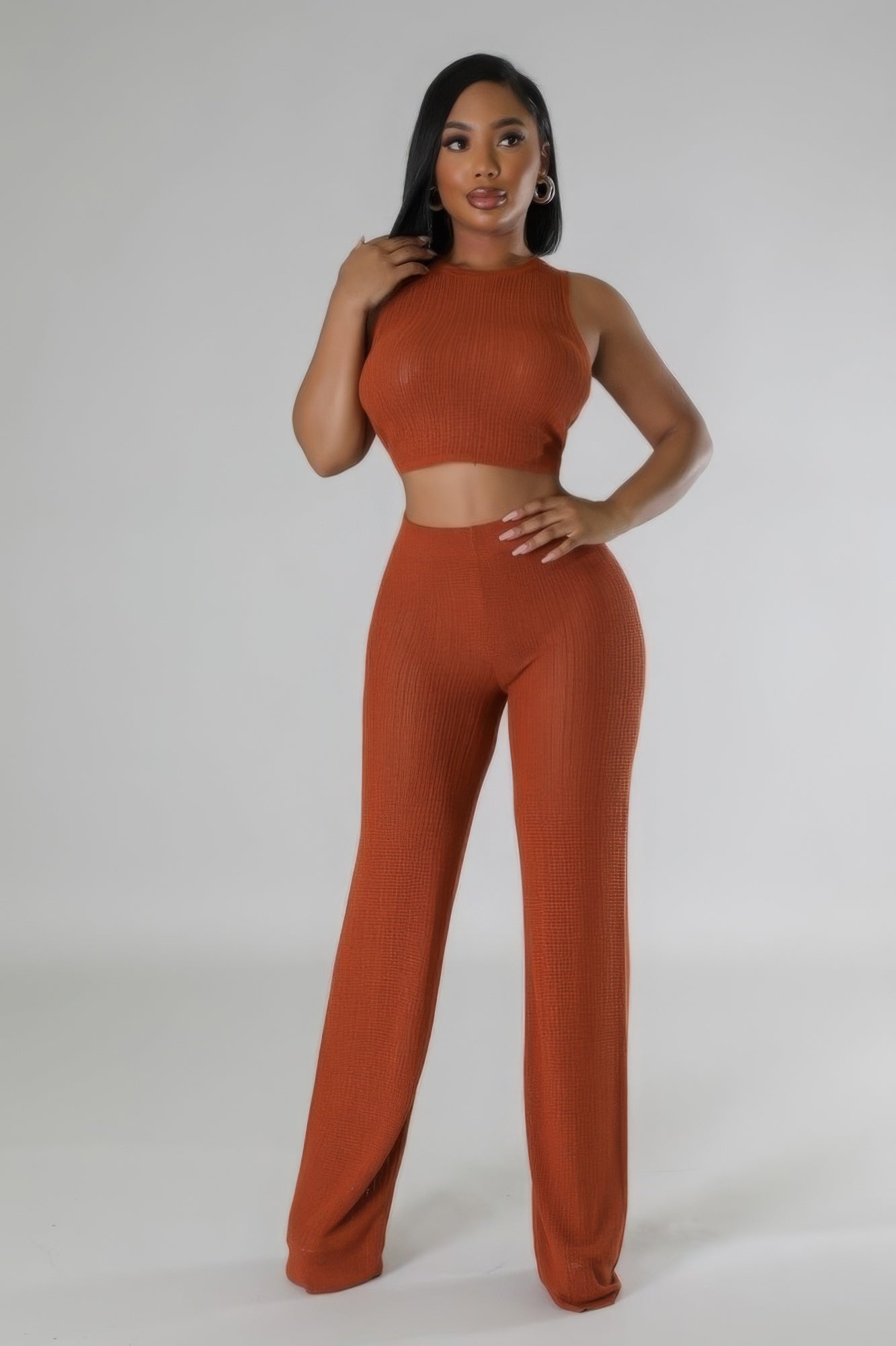 Sleeveless Lace Up Back Crop Top and Pants Two-Piece Set