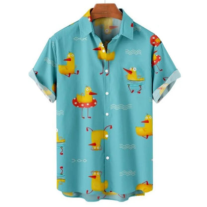 Duck Summer Beach Shirt Men Floral Fashion Hawaiian Casual Short Sleeve Single-Breasted Imported Clothing